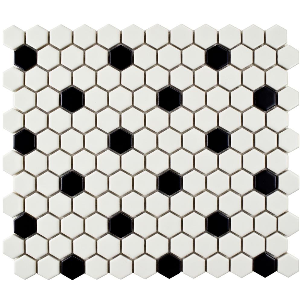 Take Home Sample -  Metro Hex Matte Wht w/Blk Dot 6 in x 6 Porcelain Tile