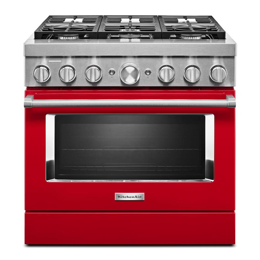 KitchenAid 36 in. 5.1 cu. ft. Dual Fuel Freestanding Smart Range with 6-Burners in Passion Red For Sale