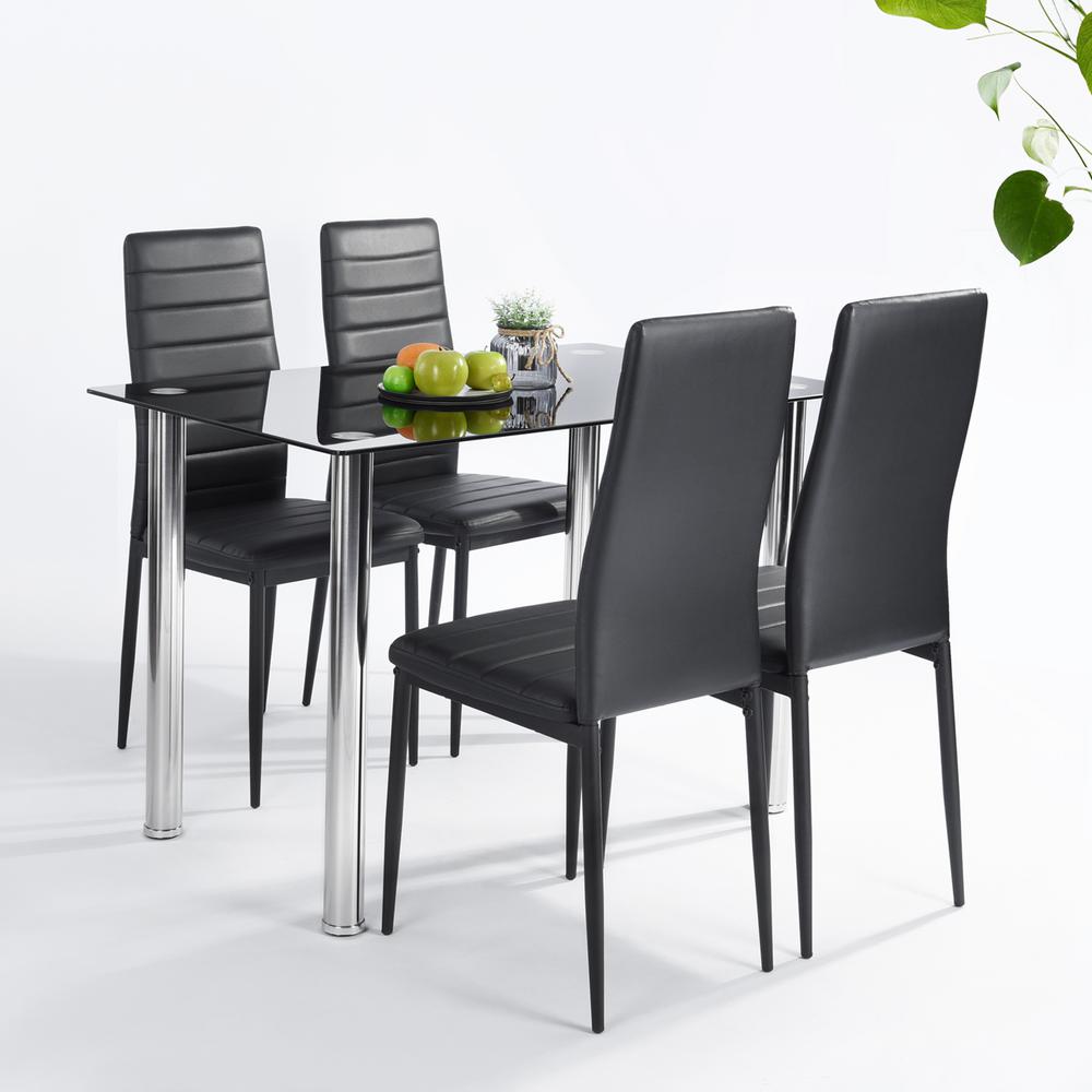 FurnitureR Online 5 Pieces Modern Glass Dining Table Set Faxu Leather With 4 Chairs Black XACHARIA LMKZ The Home Depot