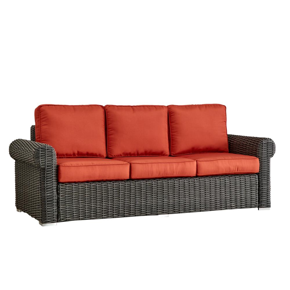 Homesullivan Camari Charcoal Rolled Arm Wicker Outdoor Sofa With Red Homesullivan Camari Charcoal Rolled Arm Wicker Outdoor Sofa With Red Cushion