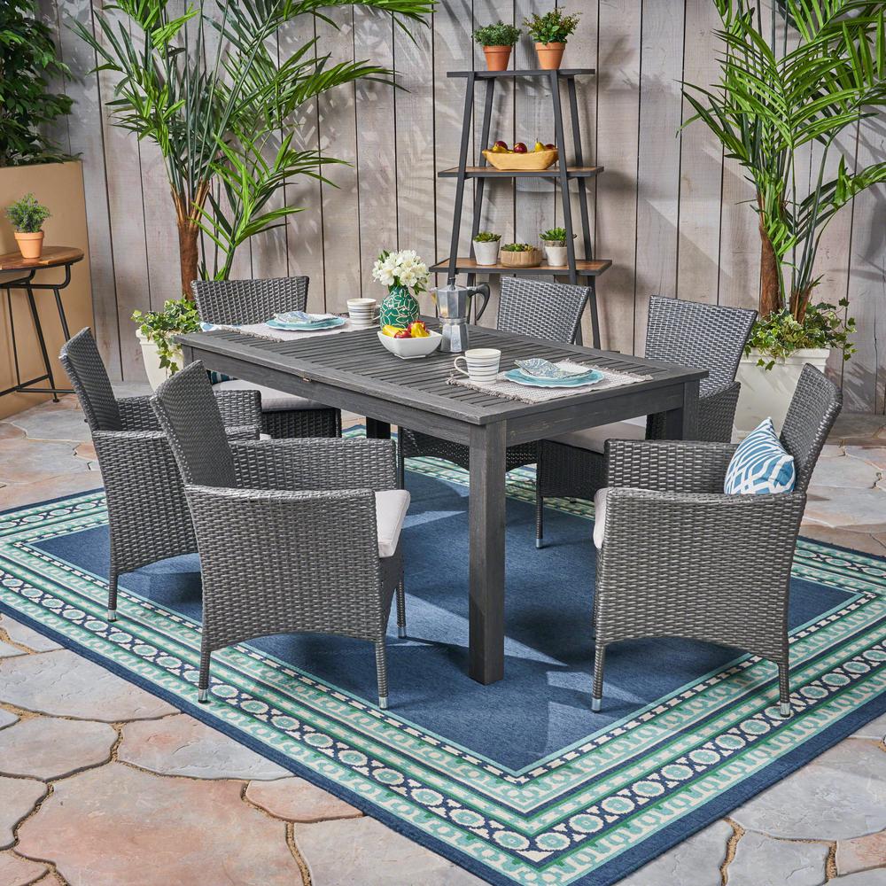 Noble House Nadia Grey 7-Piece Wood and Wicker Outdoor Dining Set with