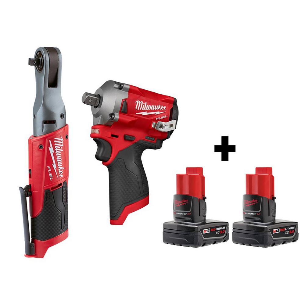 Milwaukee M12 FUEL 12Volt LithiumIon Brushless Cordless 3/8 in. Ratchet and 1/4 in. Impact