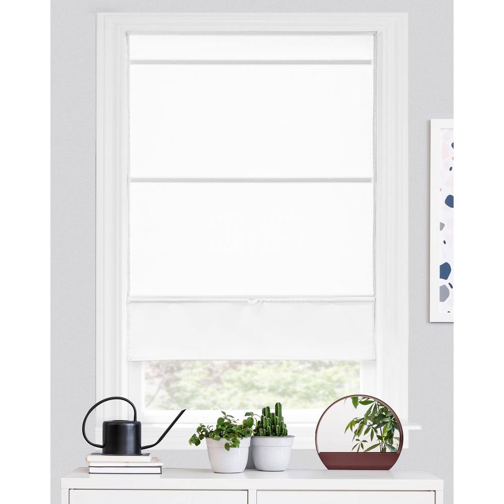 Chicology Runway Ready Made White Cordless Light Filtering Magnetic Fabric Roman Shade 33 In W X 64 L Rmrw3364 The Home Depot Chicology Runway Ready Made White