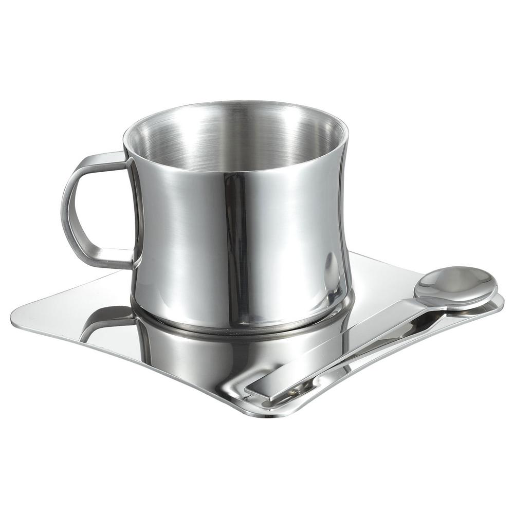 Visol 4 Oz Stainless Steel Double Walled Coffee Cup With Saucer And Stainless Steel Double Walled Coffee Cup With Saucer And Spoon Vac368 The Home Depot