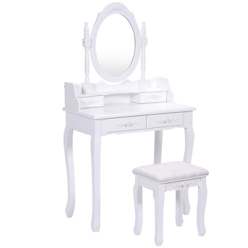 Costway 3 Piece White Living Room Set Vanity Wood Makeup Dressing Table Stool Set Bathroom With Mirror 4 Drawers Hw52948 The Home Depot