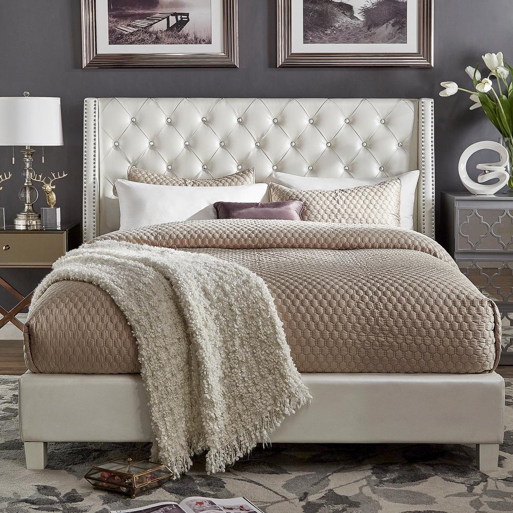 Faux Leather King White Beds Headboards Bedroom Furniture Venus Ivory Metallic King Standard Bed