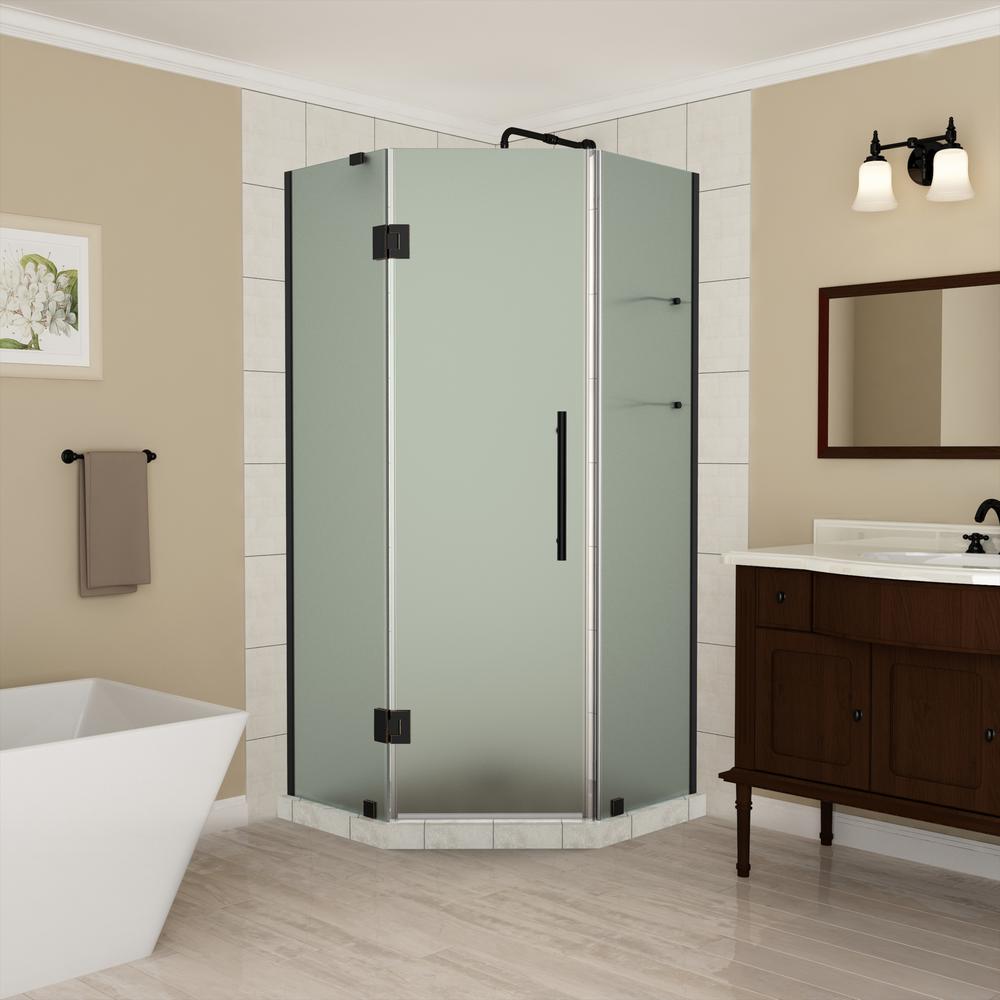 Aston 38 To 5 In X 72 Frameless Hinged Neo Angle Shower Frameless Hinged Neo Angle Shower Enclosure With Frosted Glass And Shelves In Oil Rubbed Bronze