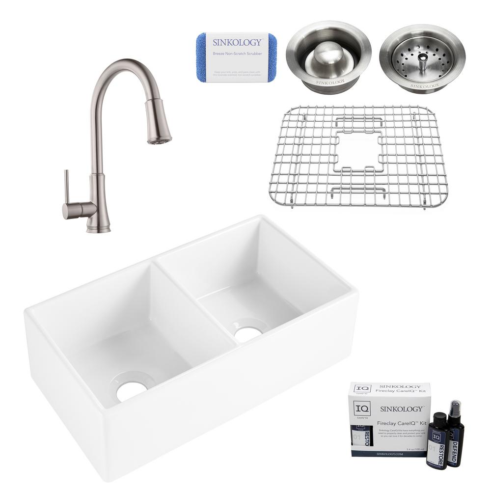 Sinkology Brooks Ii All In One Farmhouse Apron Fireclay 33 In 50 50 Double Bowl Kitchen Sink With Faucet And Drain In Stainless
