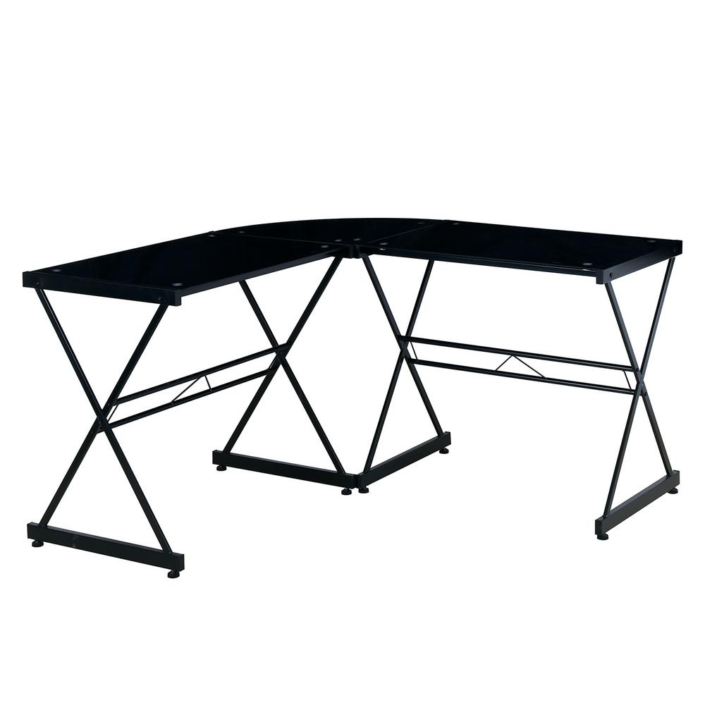 Techni Mobili L Shaped Clear Tempered Glass Top Computer Desk With