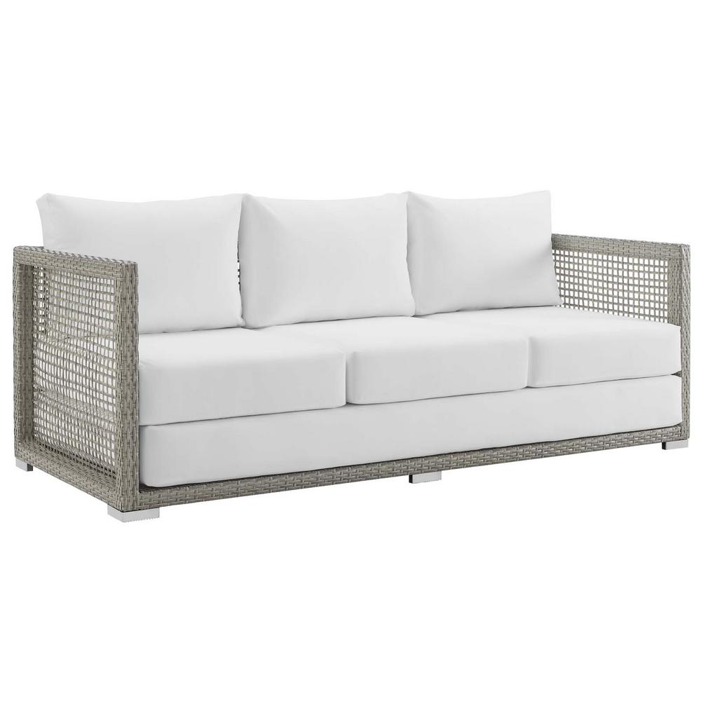 Modway Aura Gray Wicker Outdoor Sofa With White Cushions Eei 2923