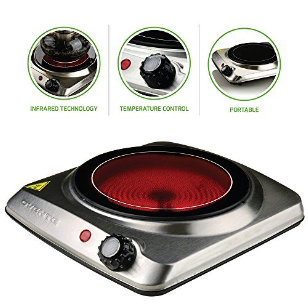 Ovente Single Burner In Silver Hot Plate Ceramic Glass Stainless Steel Watt