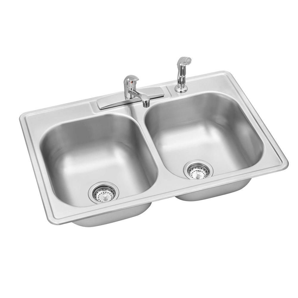 Elkay Swift Install All In One Drop In Stainless Steel 33 In 4 Hole Double Bowl Kitchen Sink Kit