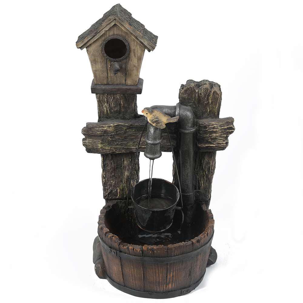 Winsome House Polyresin Rustic Bird House And Barrel Patio Cascade Fountain With Led Lights Whf848 The Home Depot