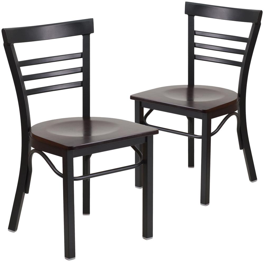 Walnut Wood Seat Black Metal Frame Restaurant Chairs Set Of 2