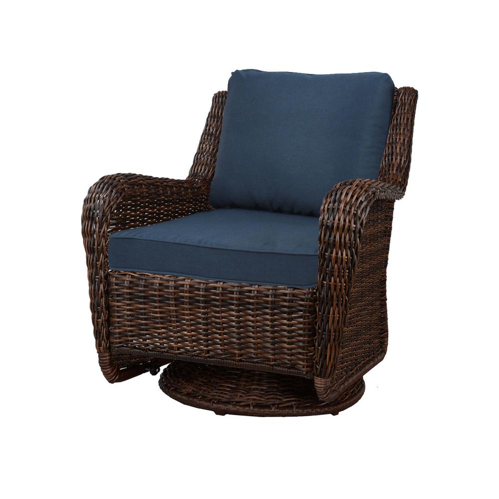 Hampton Bay Cambridge Brown Wicker Swivel Outdoor Rocking Chair Blue Cushions