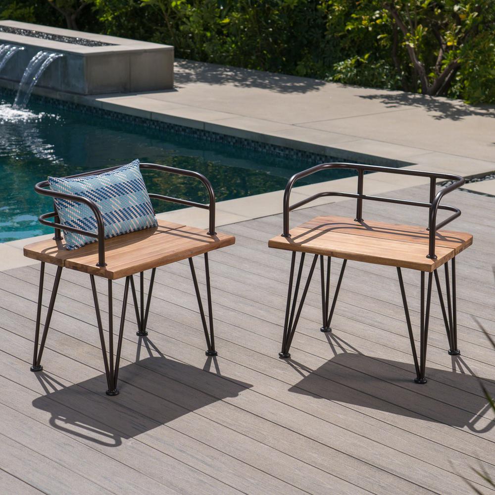 Noble House Zion Industrial Teak Brown Armed Wood Outdoor Lounge Chairs With Rustic Metal Frame 2 Pack