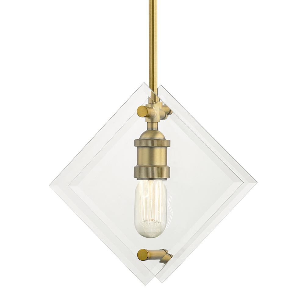 Home Decorators Collection 11 in. 1-Light Aged Brass Pendant with Beveled Glass Panels