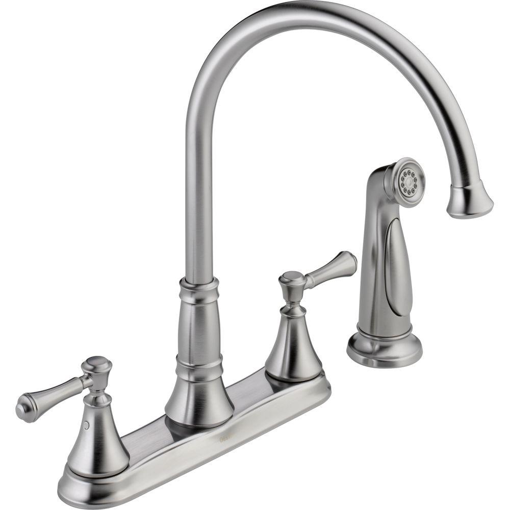 Delta Cassidy 2 Handle Standard Kitchen Faucet With Side Sprayer In Polished Nickel