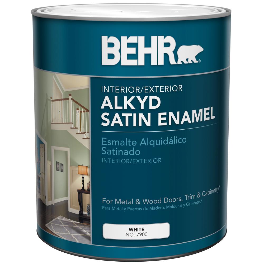 Behr 1 Qt White Alkyd Satin Enamel Interior Exterior Paint 790004 White Alkyd Satin Enamel Interior Exterior Paint 790004 The Home Depot