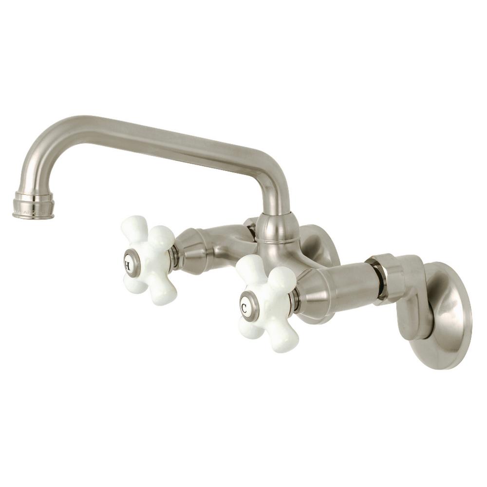 Kingston Brass 2 Handle Wall Mount Standard Kitchen Faucet In Brushed Nickel