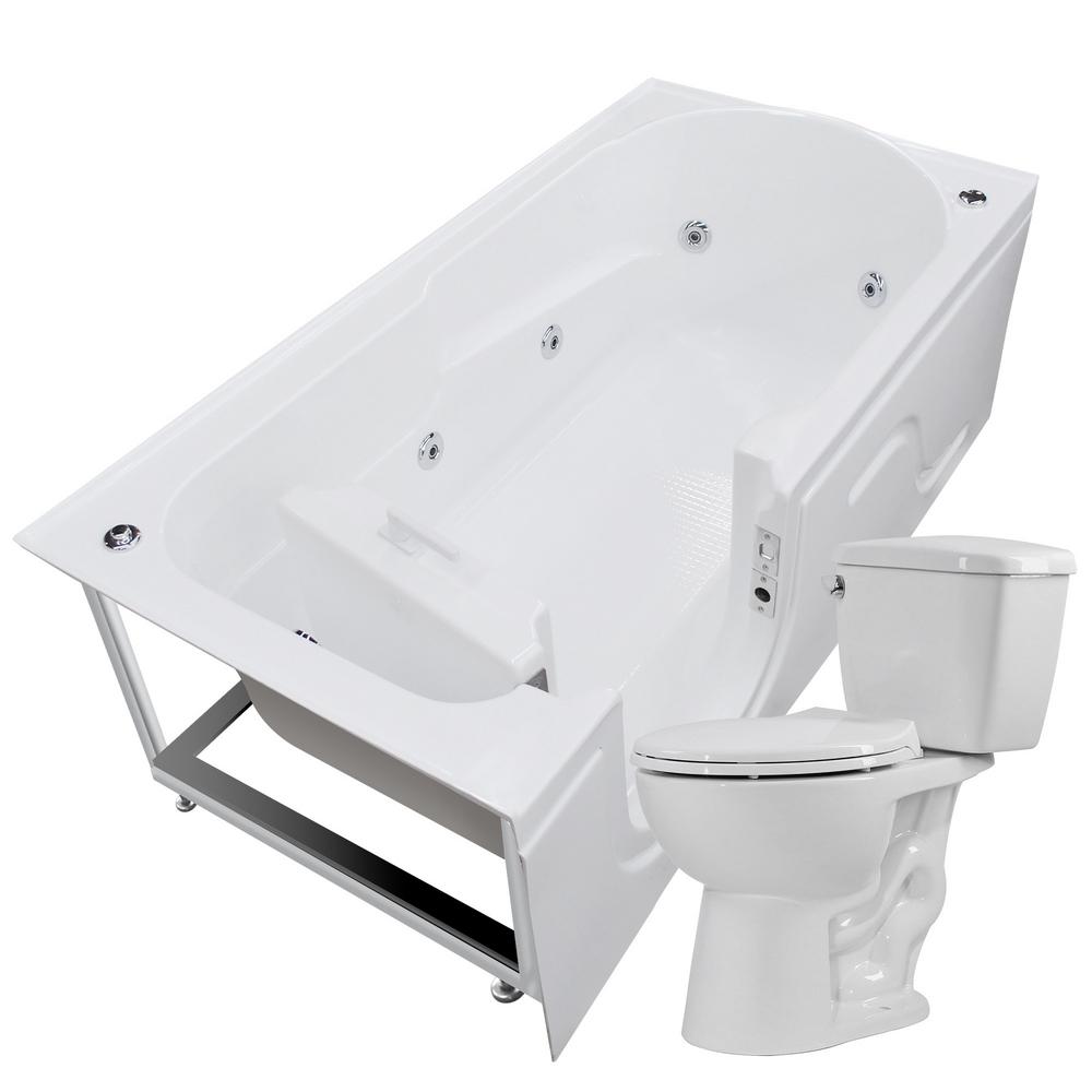 Universal Tubs Step In 59 6 In Walk In Whirlpool Bathtub In White With 1 28 Gpf Single Flush Toilet