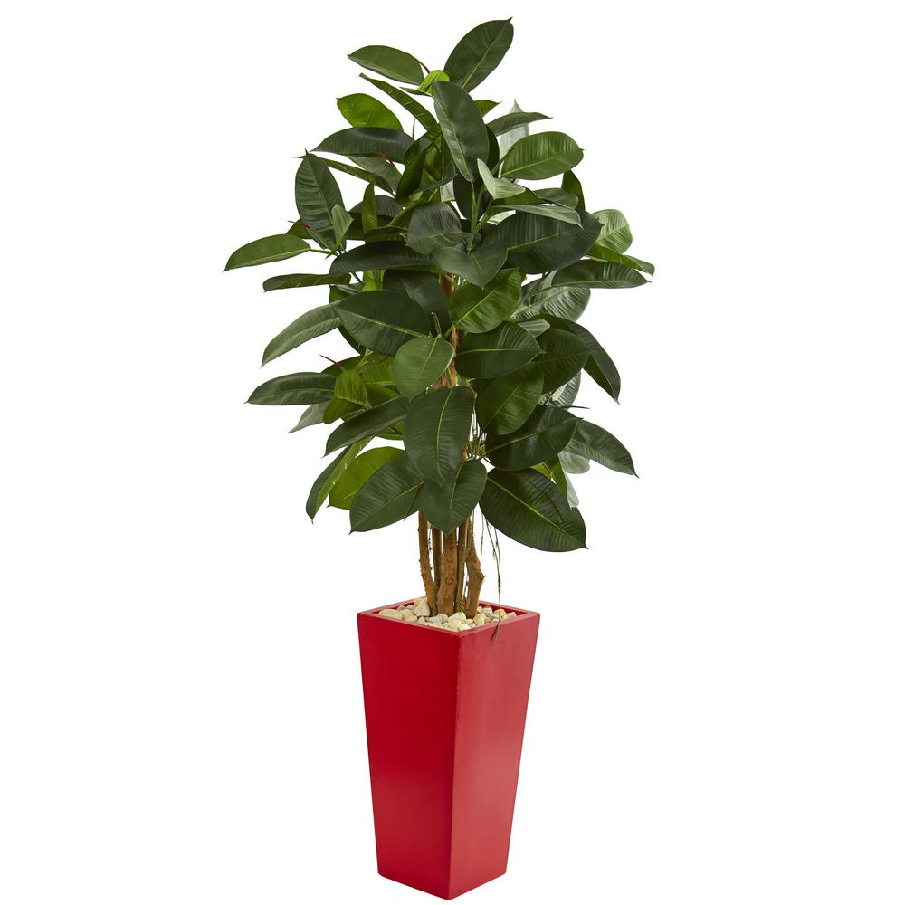 Nearly Natural Indoor 5Ft. Rubber Leaf Artificial Tree in Red Tower
