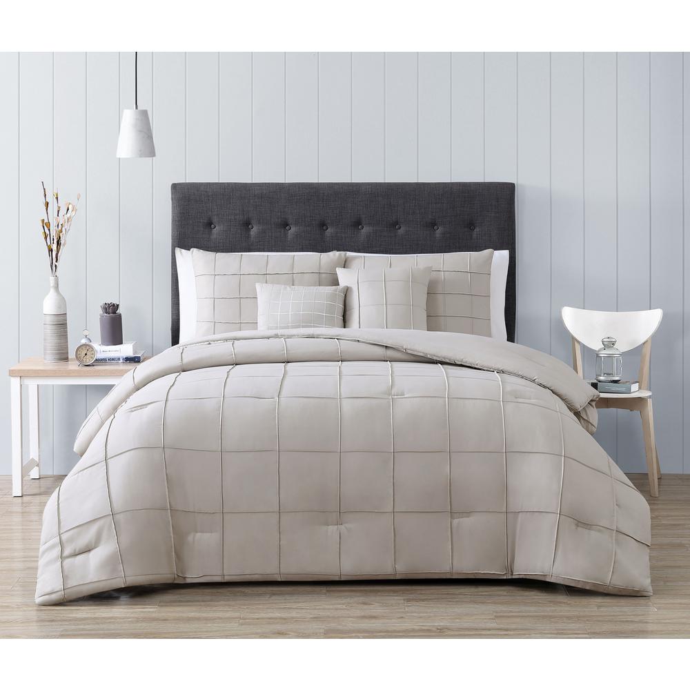 Blue Grey Taupe Pinched Pleat Comforter Cotton Sheets 12 pcs Cal King Queen Set
