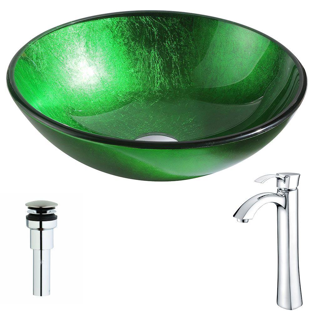 ANZZI Melody Series Deco-Glass Vessel Sink in Lustrous Green with Harmony Faucet in Polished Chrome, Lustrous Green Finish was $247.0 now $198.39 (20.0% off)