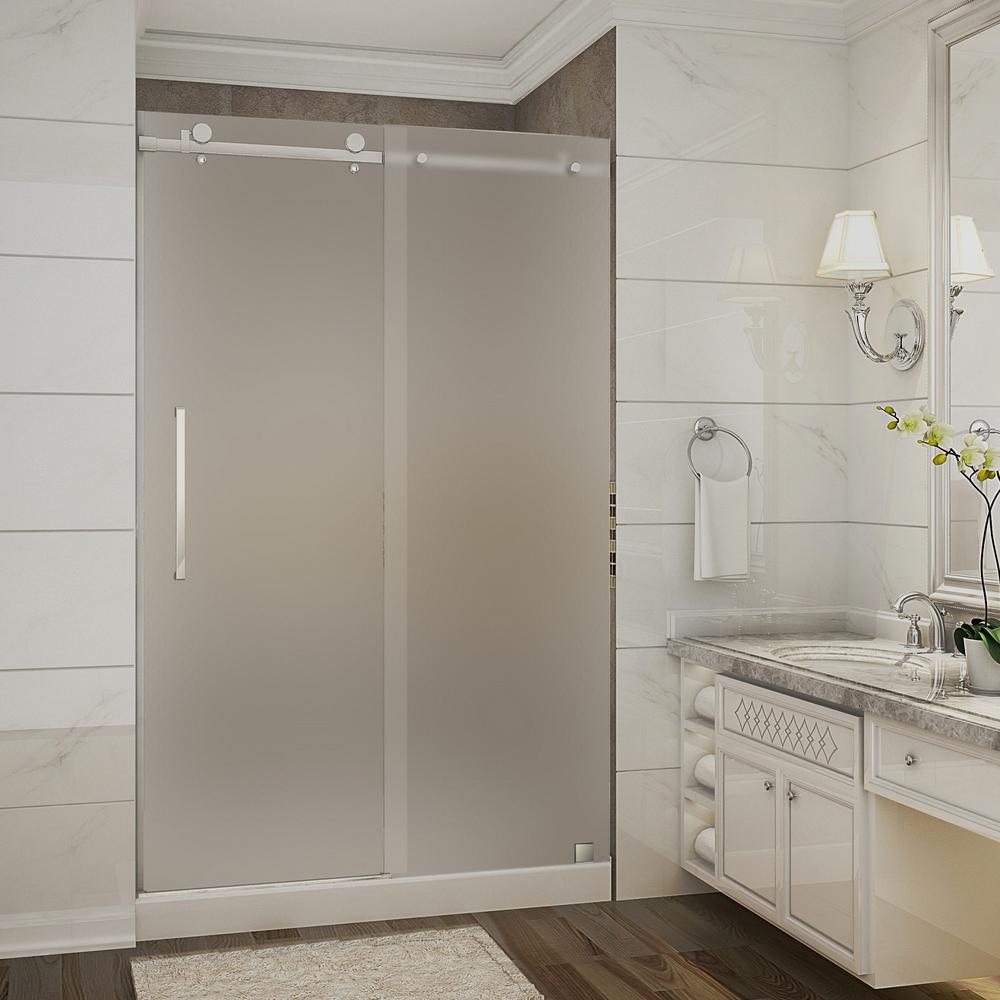Aston Moselle 48 in. x 36 in. x 77.5 in. Frameless Sliding Shower Door with Frosted in Stainless 