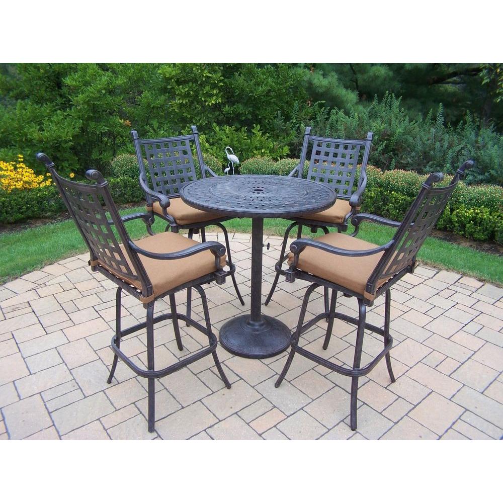 Belmont Cast Aluminum 5-Piece Round Patio Bar Height Dining Set with Sunbrella...