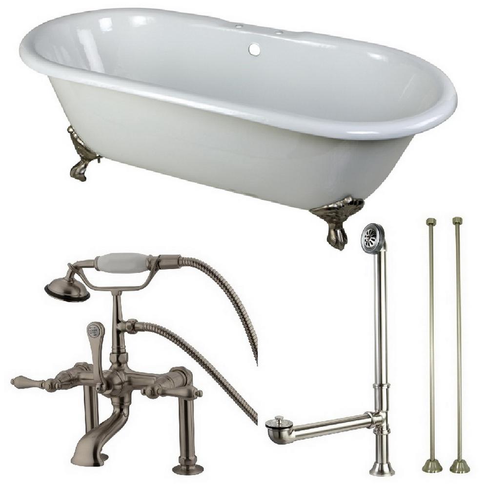 Aqua Eden Classic Double Ended 66 In Cast Iron Clawfoot Bathtub White And Faucet Combo Brushed Nickel