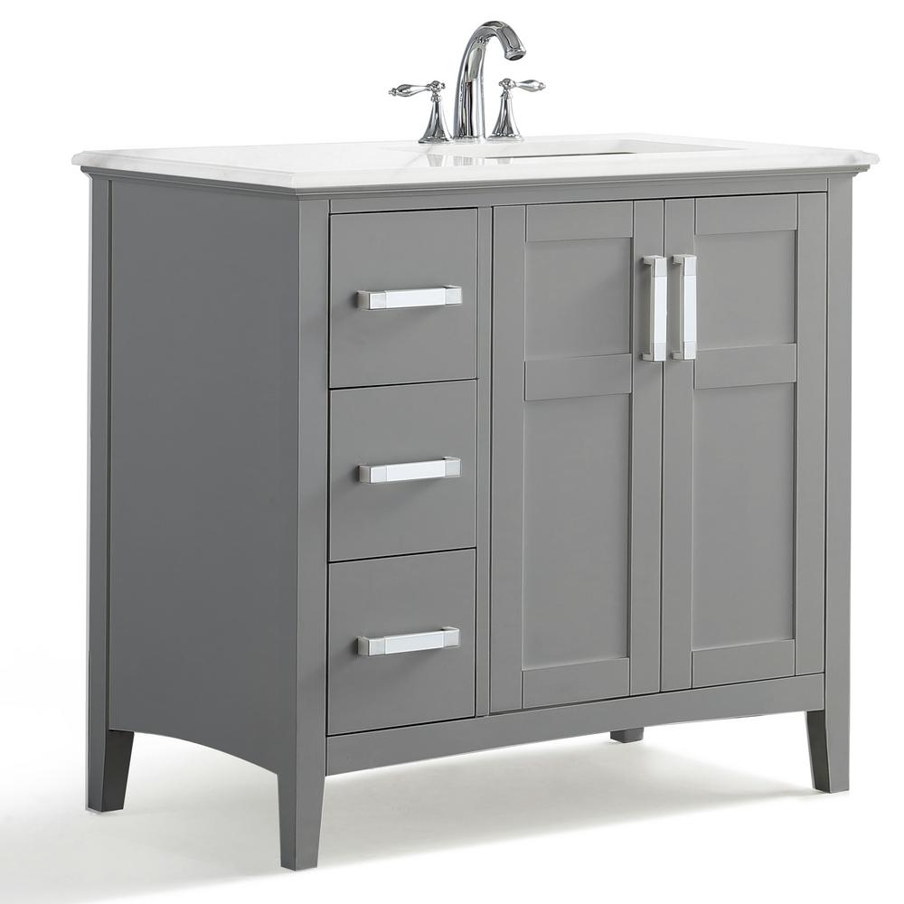 Simpli Home Winston 36 In Right Offset Bath Vanity In Warm Grey With Marble Extra Thick Vanity Top In Bombay White With White Basin Winstonwg 36 R The Home Depot