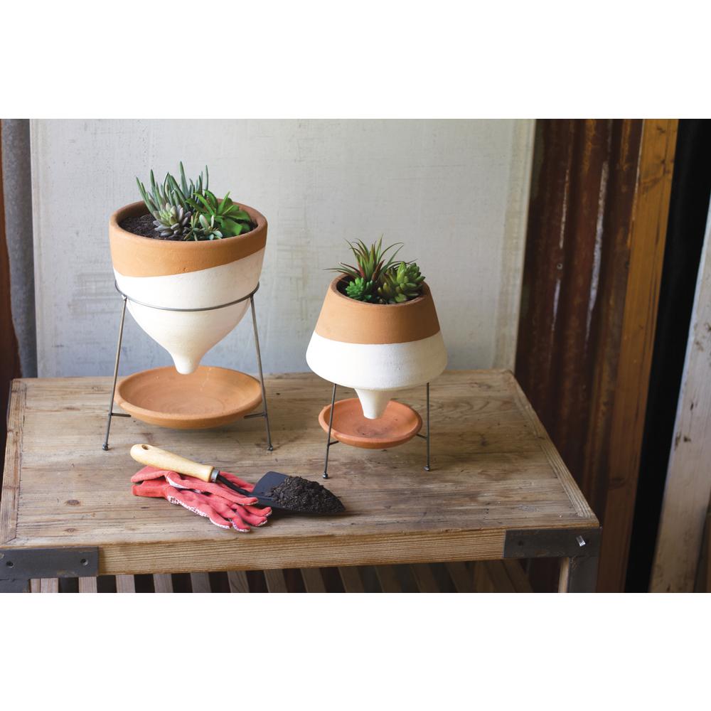 White and Terracotta Small Clay Funnel Planter with Wire Base
