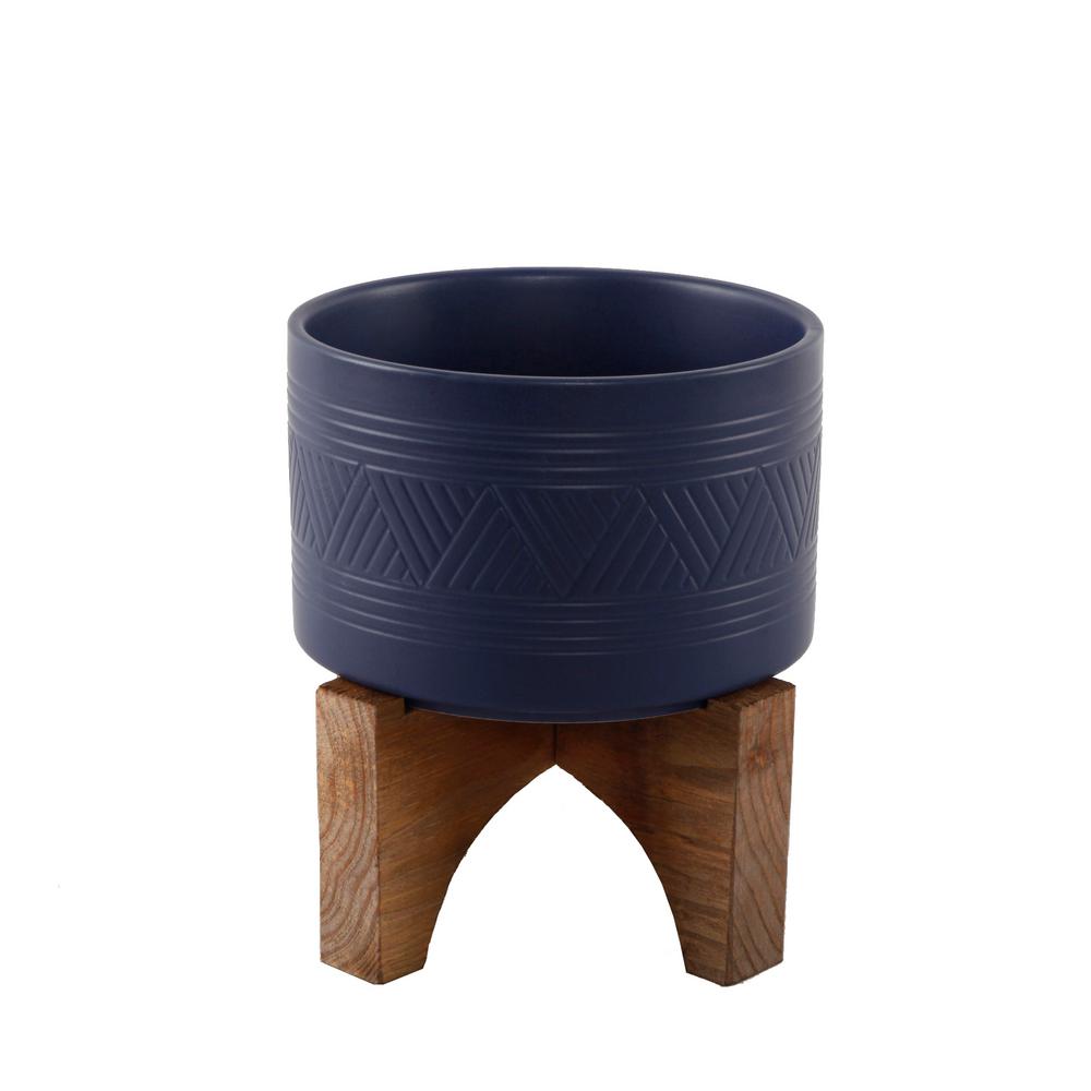 Flora Bunda 7 in. Matte Navy Mountain Ceramic Planter on Wood Stand ...