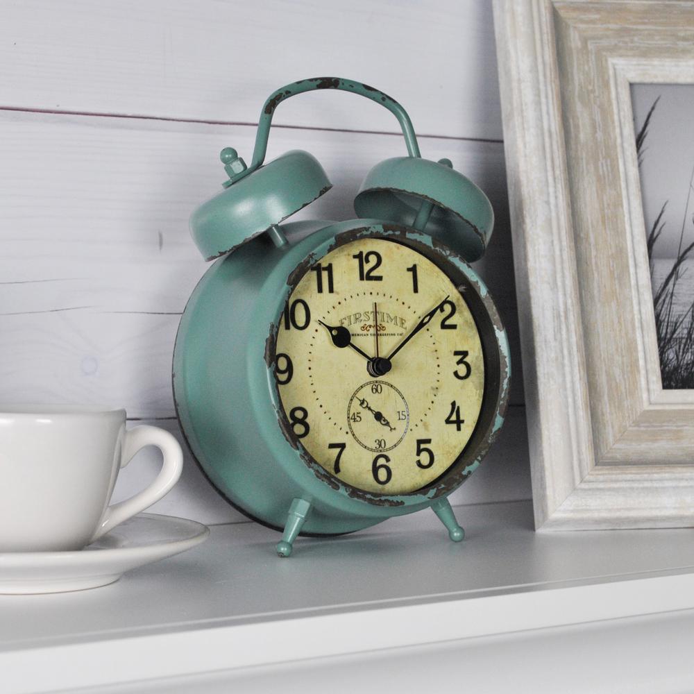 FirsTime 5 in. x 7 in. Teal Double Bell Table Top Clock25681 The