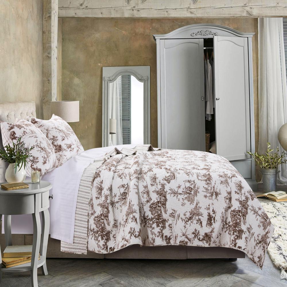 Greenland Home Fashions Classic Toile 3 Piece Taupe King Quilt Set Toile 3 Piece Taupe King Quilt Set