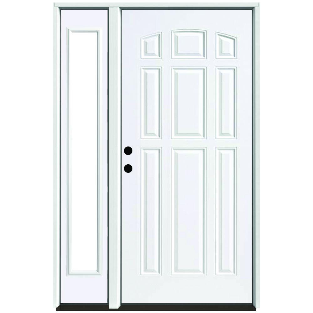Steves Sons 53 In X 80 9 Panel Primed White Right Hand Steel Prehung Front Door With 14 Clear Glass Sidelite 6 Wall
