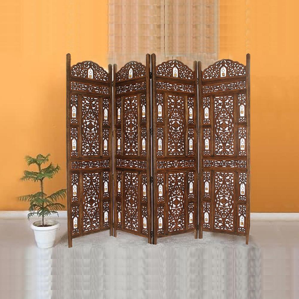The Urban Port Handcrafted Wooden Antiqued Brown 4 Panel Room The Urban Port Handcrafted Wooden Antiqued Brown 4 Panel Room Divider Screen With Tiny Bells