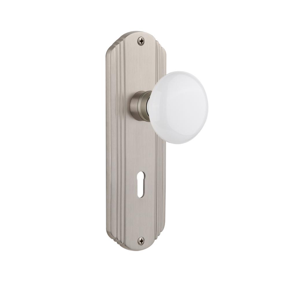 Nostalgic Warehouse Meadows Plate with Keyhole White Rose Porcelain Knob 2.375 Privacy Satin Nickel
