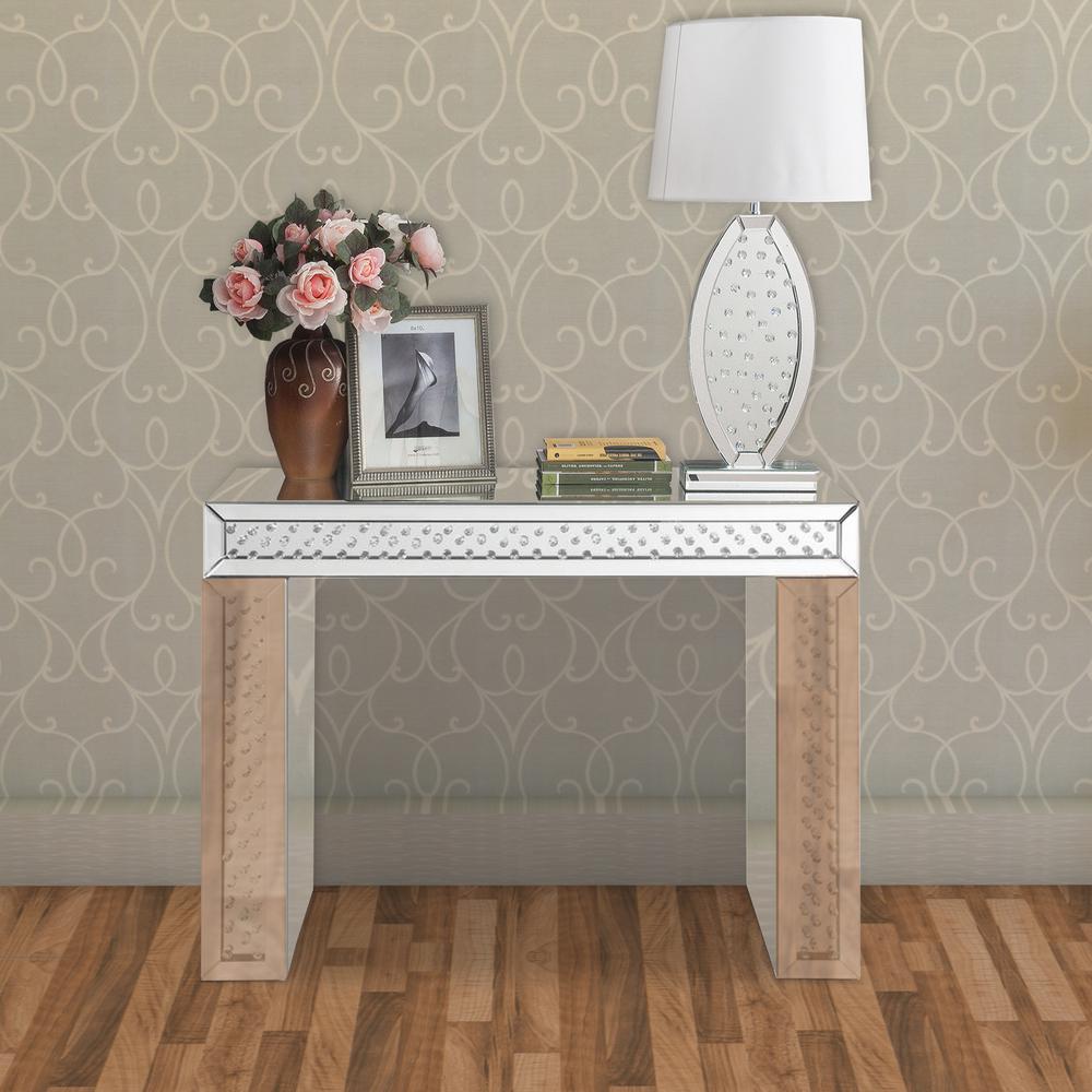 Benjara Silver Mirror Accented Wood And Glass Vanity Desk With Faux Crystal Inlay Bm185336 The Home Depot