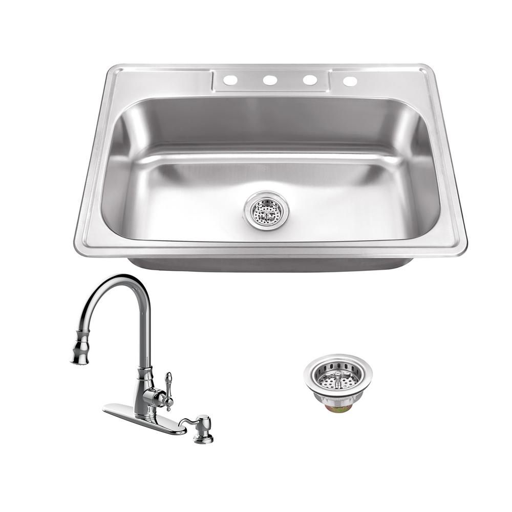 Ipt Sink Company Drop In Stainless Steel 33 In 4 Hole Single Bowl Kitchen Sink With Arc Kitchen Faucet