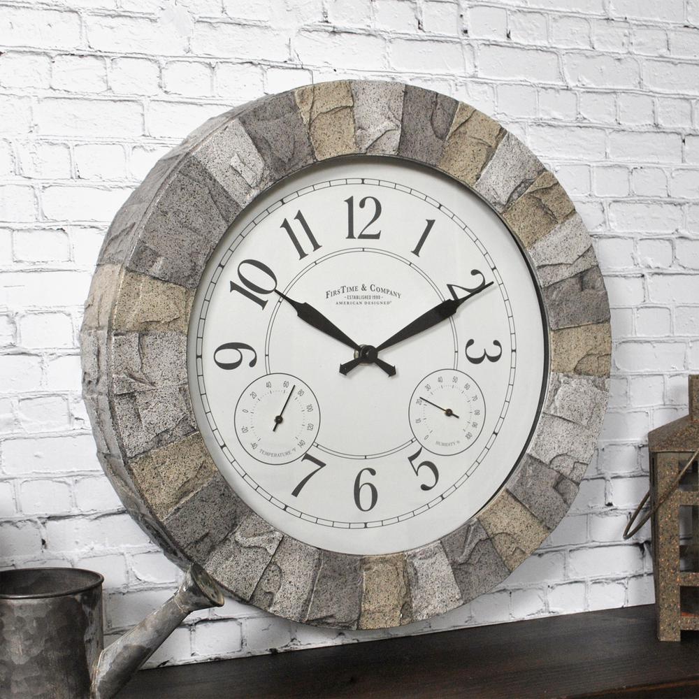 14 Indoor Outdoor Weatherproof Outside in Stonegate Wall Clock and Thermometer in Dark Stone Effect 35cm