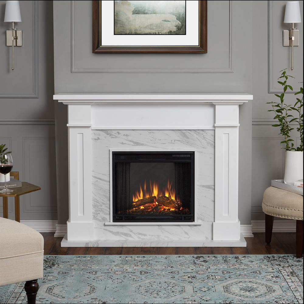 Real Flame Kipling 54 in. Freestanding Electric Fireplace in White with Faux Marble6030EWM 