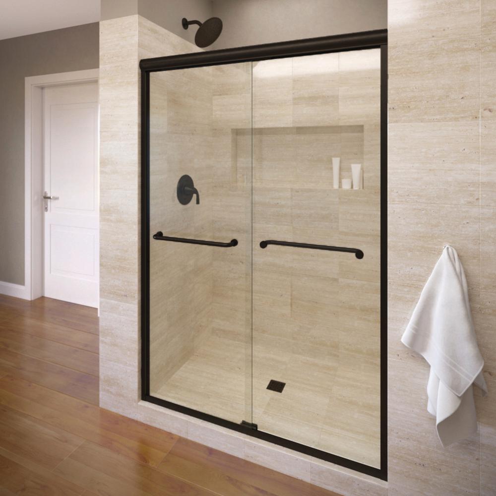 Infinity 47 In X 70 In Semi Frameless Sliding Aquaglidexp Clear Glass Shower Door In Wrought Iron With Towel Bar