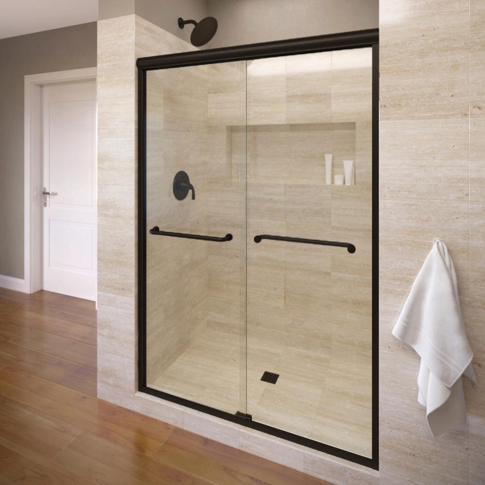 Infinity 47 In X 70 In Semi Frameless Sliding Aquaglidexp Clear Glass Shower Door In Wrought Iron With Towel Bar Infh05a4870xpwi The Home Depot
