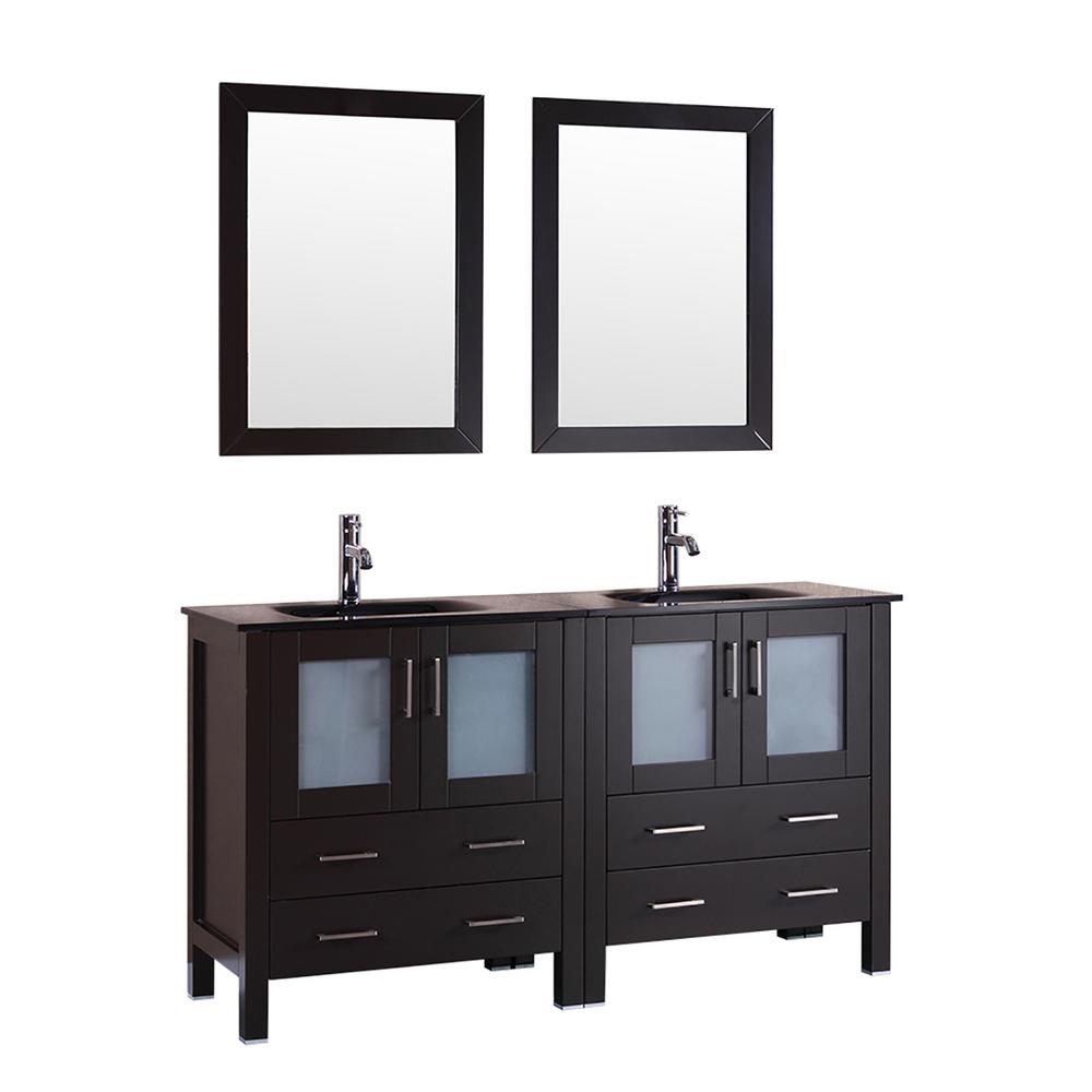 60 in. W Double Bath Vanity with Tempered Glass Vanity Top in Black