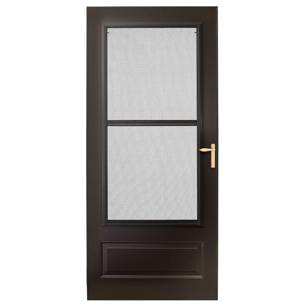 Emco 36 In X 80 In 300 Series Bronze Universal Triple Track Aluminum Storm Door With Brass Hardware E3tt 36bz The Home Depot