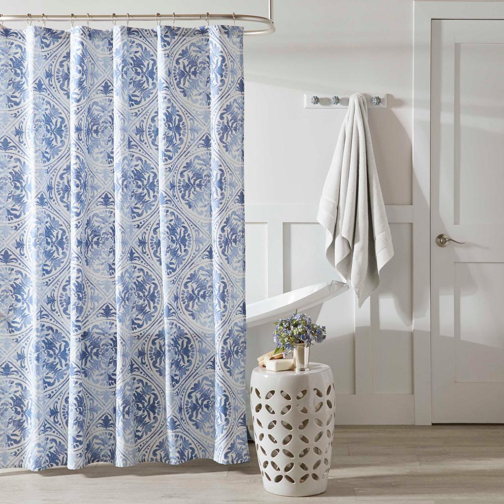 Laura Ashley Mila Blue Cotton 72in. X 72in. Shower Curtain