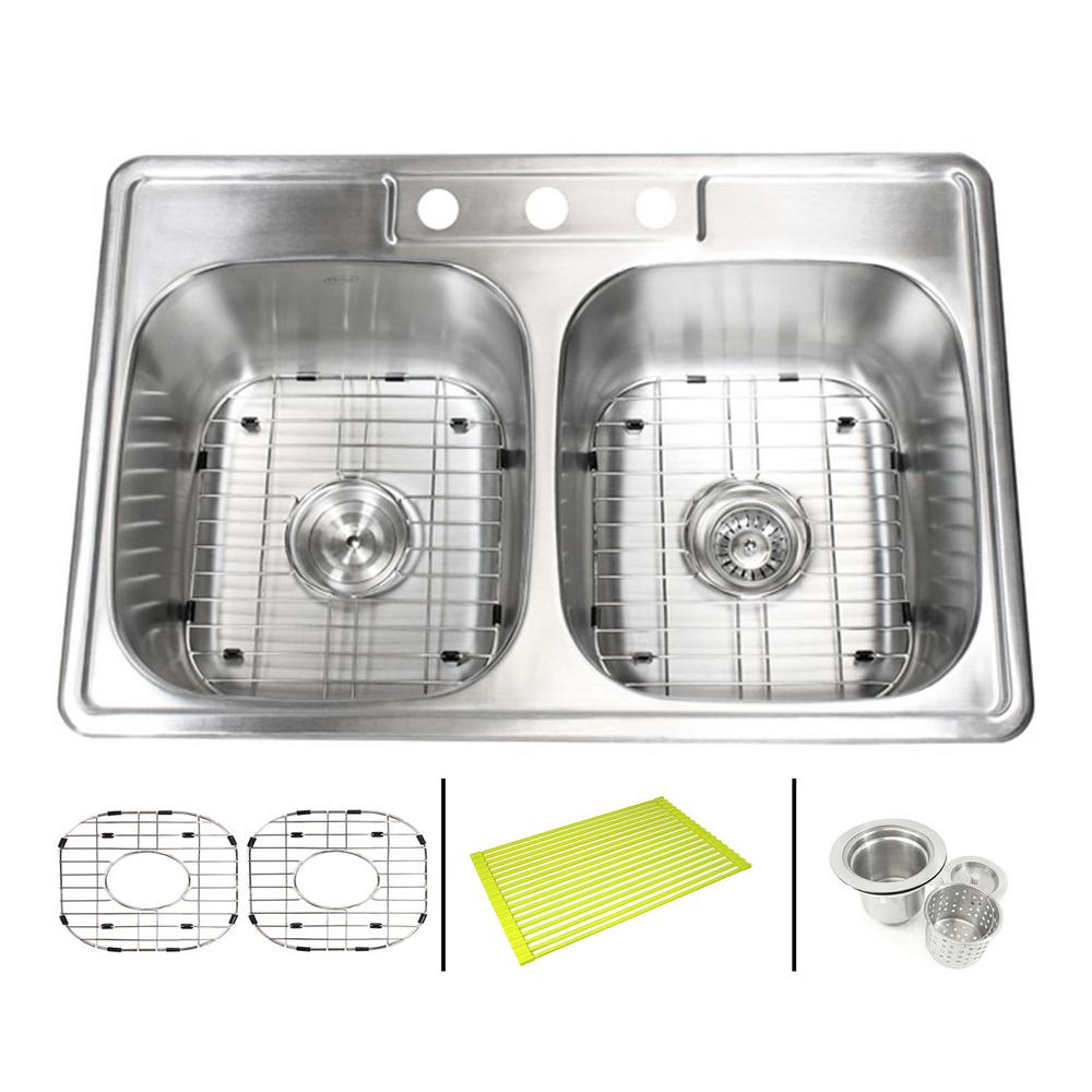 Emoderndecor Topmount Drop In Stainless Steel 33 In X 22 In X 9 In Deep 3 Faucet Holes Double Bowl 50 50 Kitchen Sink Combo