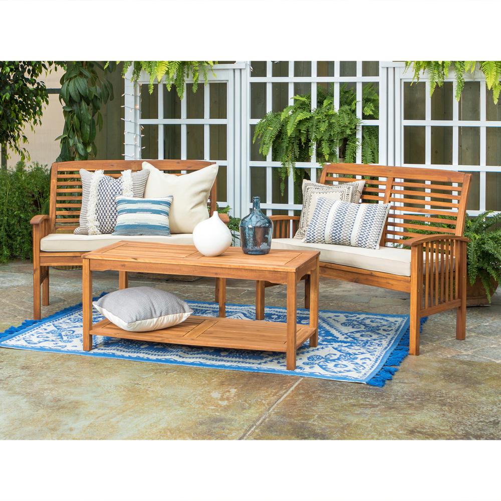 Walker Edison Furniture Company Brown 3 Piece Acacia Wood Outdoor Patio Conversation Set With Tan Cushions Hd8220 The Home Depot